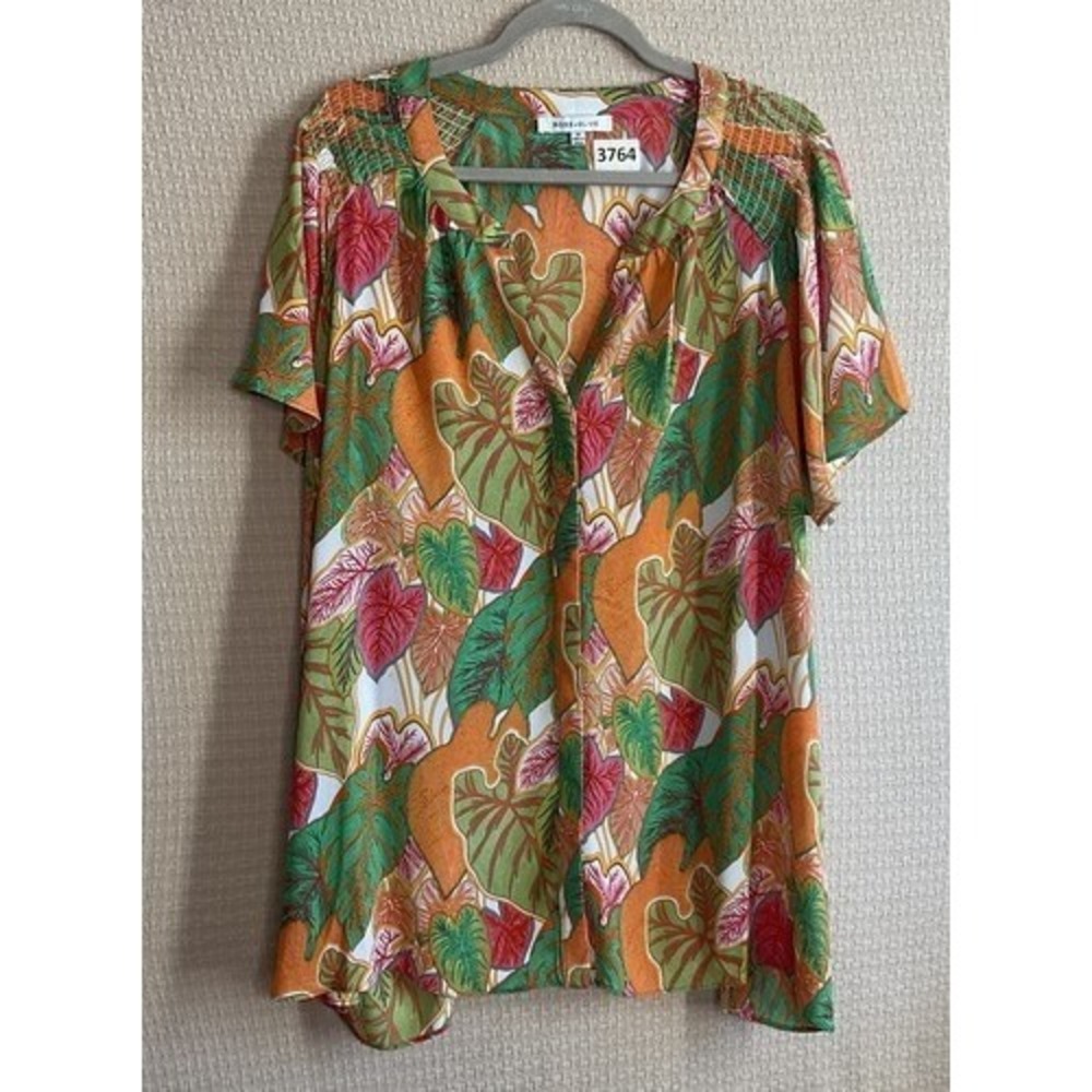 NWOT Rose & Olive Eclectic Orange Leaves Boho Short Slv Button Up Women 3X China